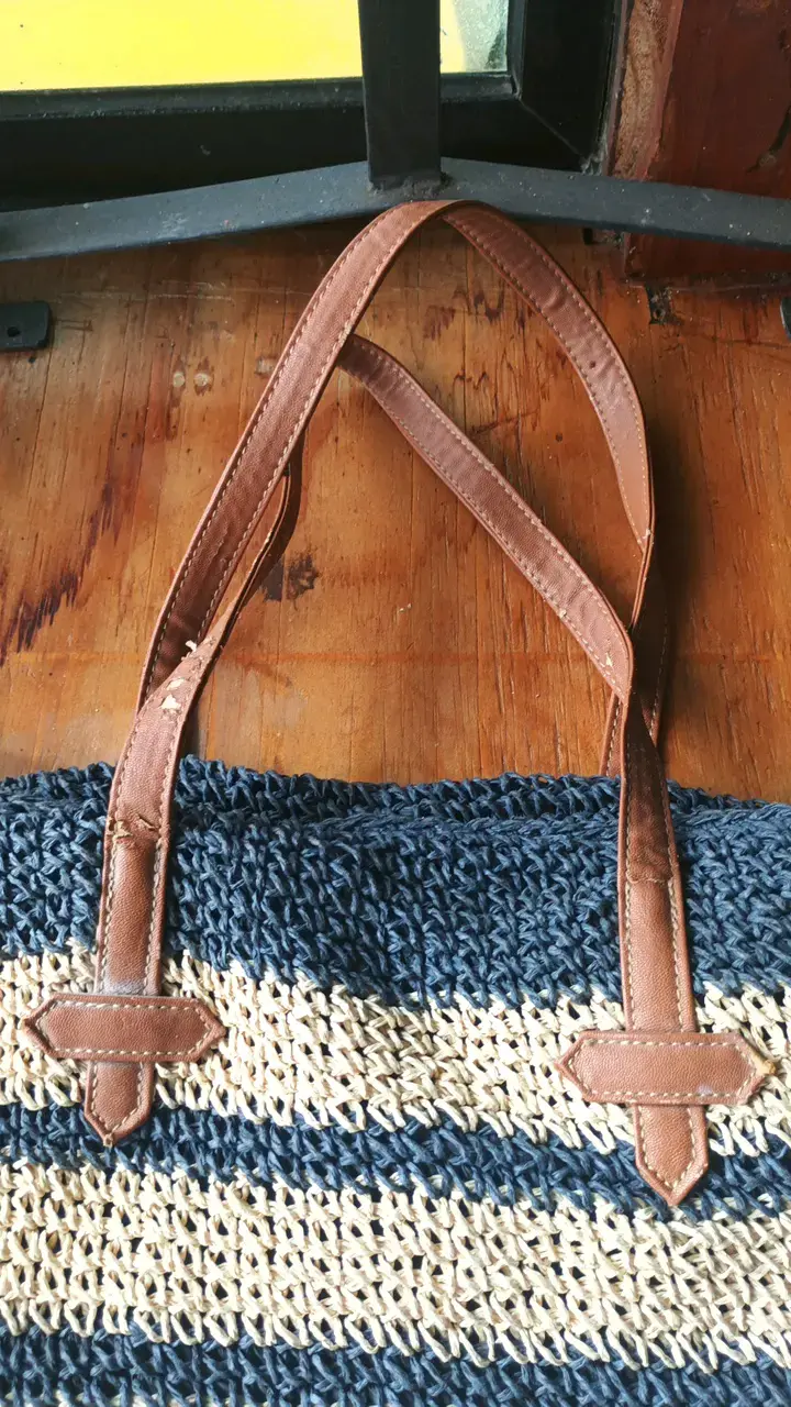 Bolso de paja tejido a rayas azul y beige - 3