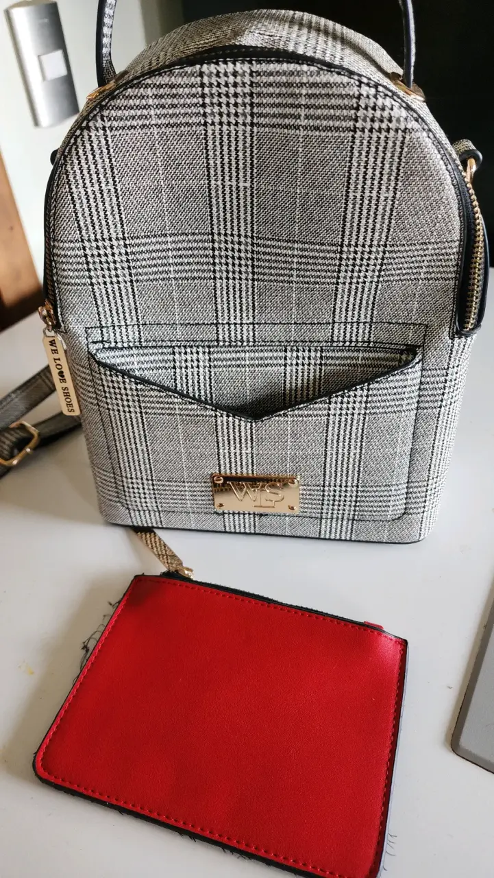 Mochila de moda a cuadros con bolsillo rojo - 4