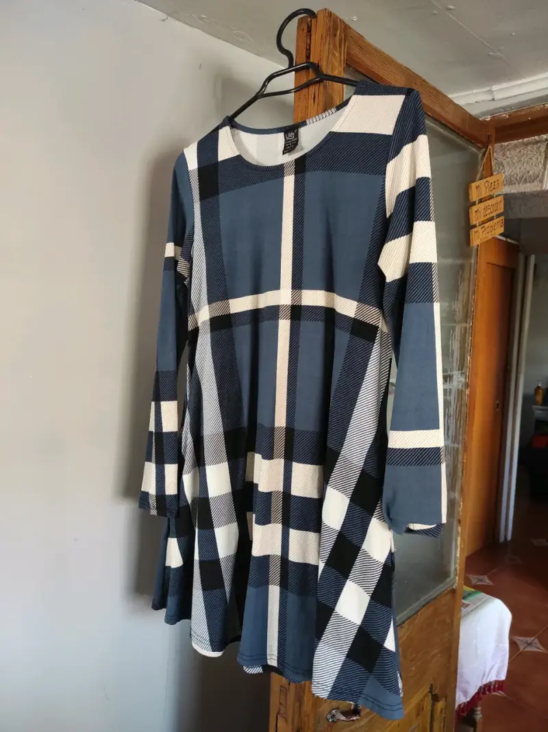 Vestido a cuadros azul y blanco de manga larga - 1