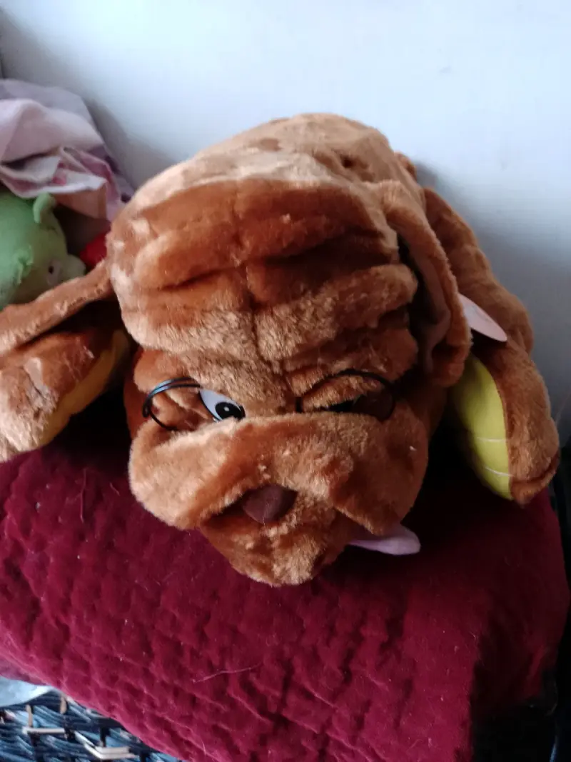Peluche de perro marrón con gafas
