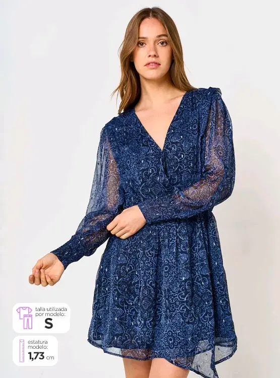Vestido azul estampado manga larga - 1