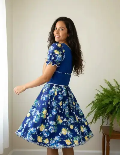 Vestido Cueca  azulfloral con mangas abullonadas - miniatura 1