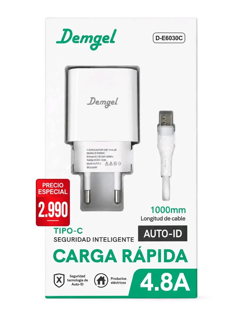 Cargador de Viaje Demgel Tipo-C Carga Rápida - 1