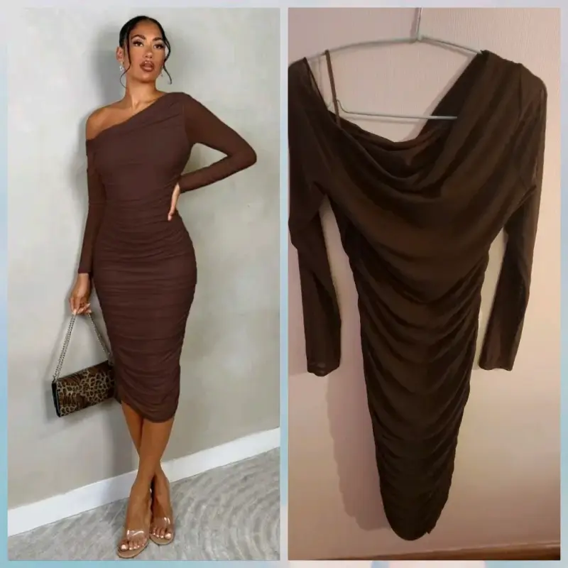 Vestido ajustado marrón de un hombro Shein - 1