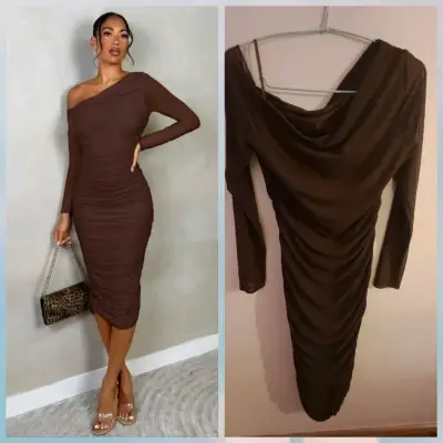 Vestido ajustado marrón de un hombro Shein - miniatura 1