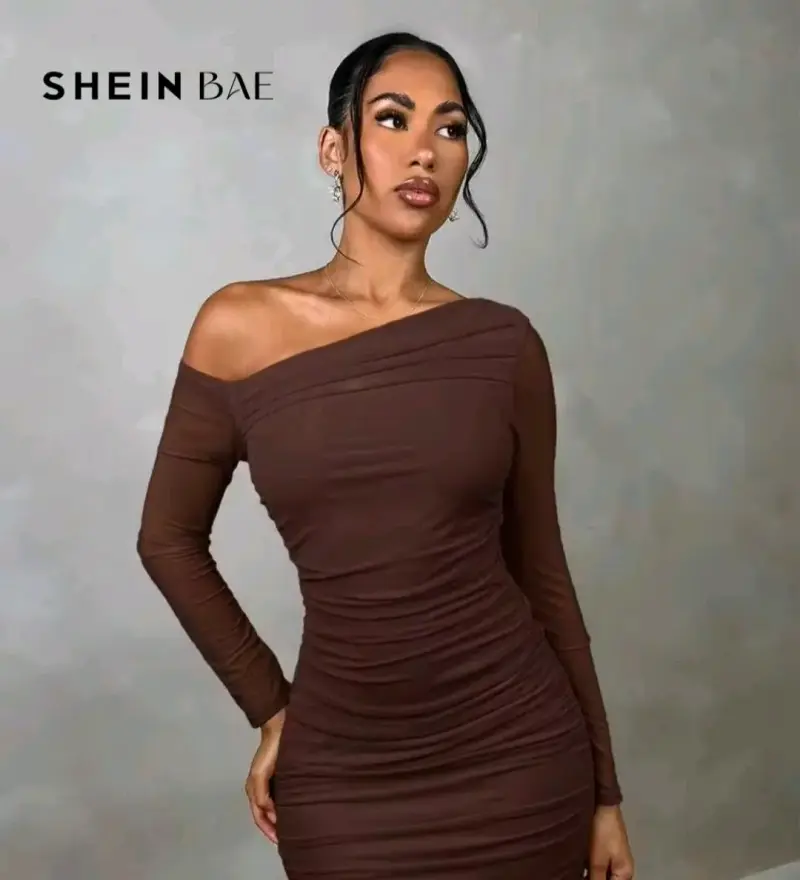Vestido ajustado marrón de un hombro Shein - 2