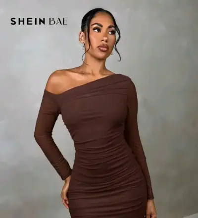 Vestido ajustado marrón de un hombro Shein - miniatura 2