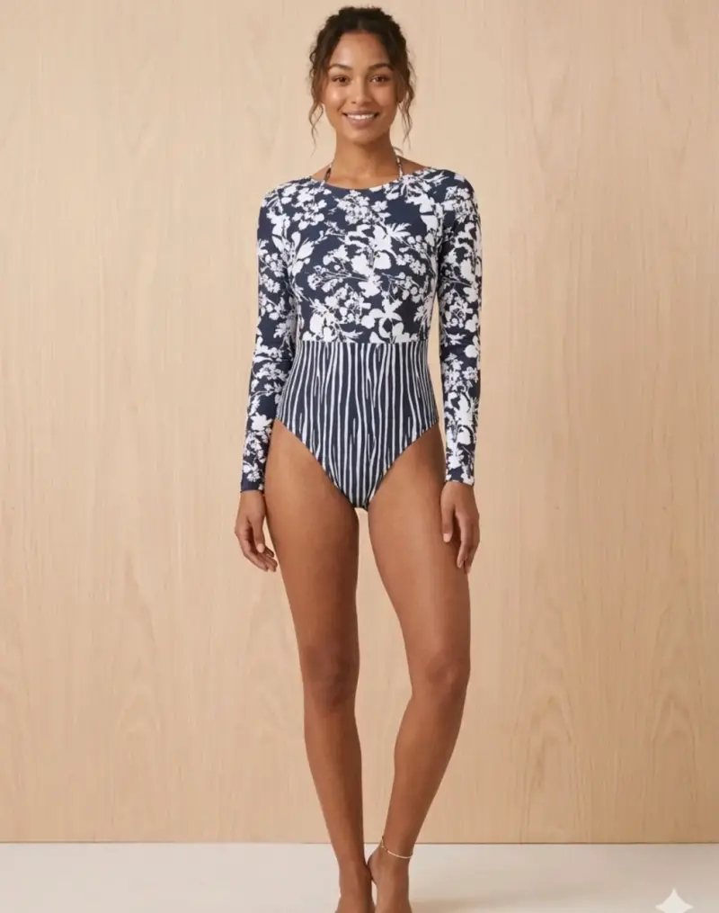 Traje de baño entero floral con mangas largas - 1