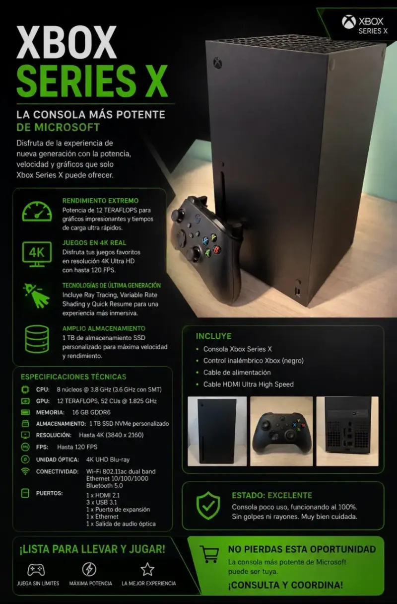 Consola Xbox Series X con control y cables - 1