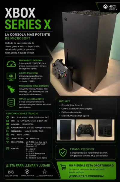 Consola Xbox Series X con control y cables - miniatura 1