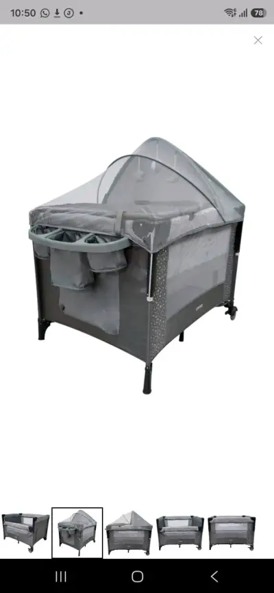 Cuna corral portátil gris con toldo - miniatura 1