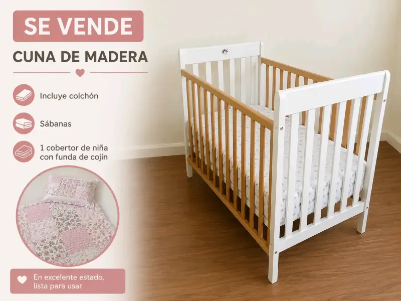 Cuna de madera con colchón y sábanas