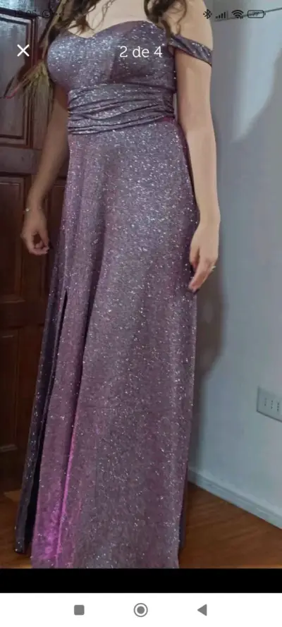 Vestido de fiesta largo con brillo morado - miniatura 3