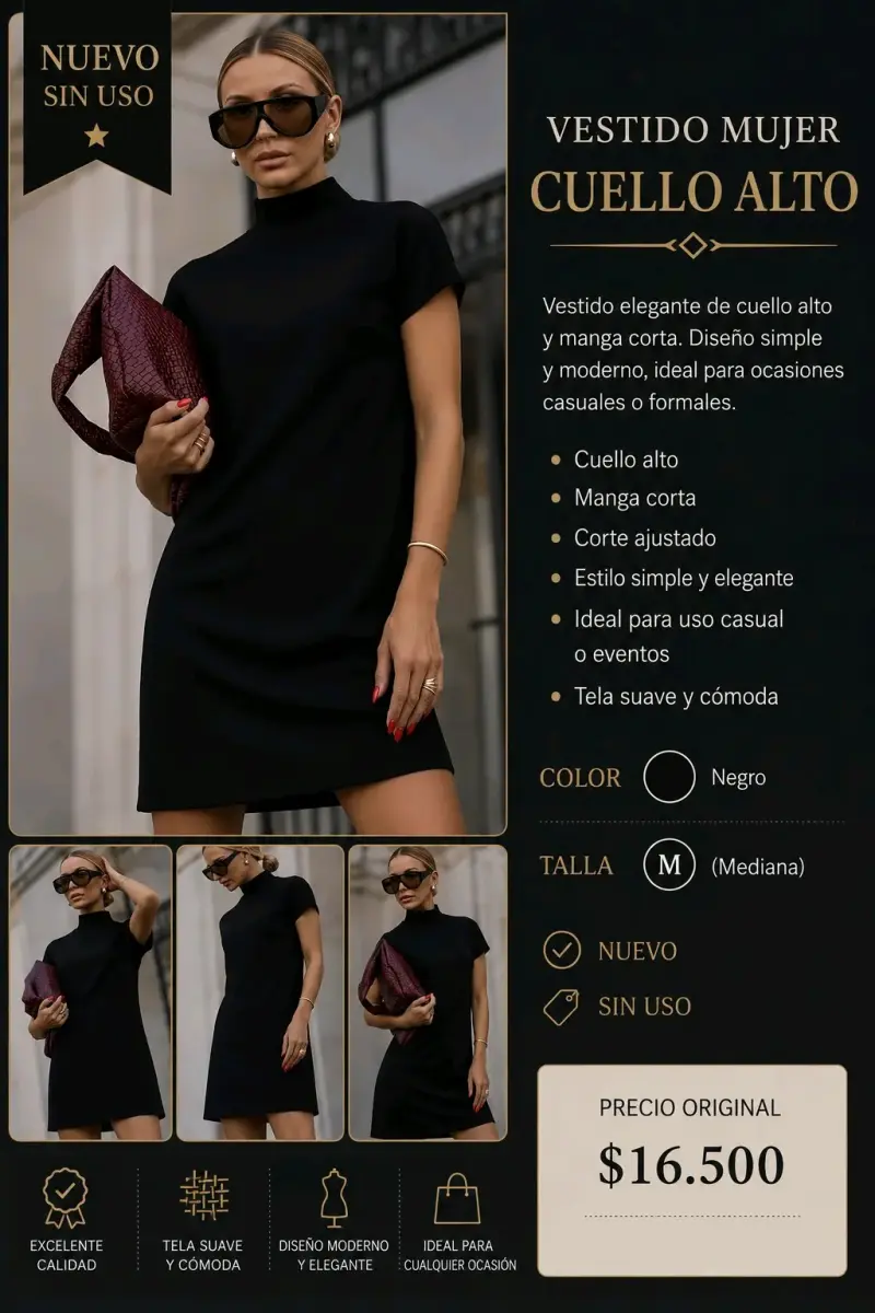 Vestido negro de mujer con cuello alto - 2