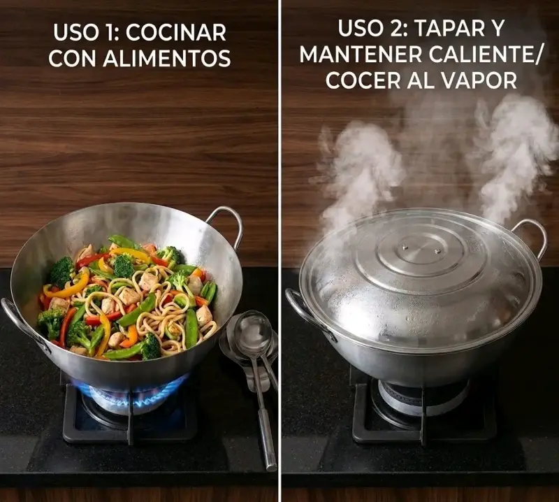 Wok de acero inoxidable con tapa para cocina - 3