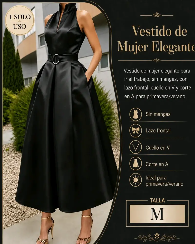 Vestido elegante negro sin mangas con lazo - 1