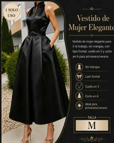 Vestido elegante negro sin mangas con lazo - miniatura 1