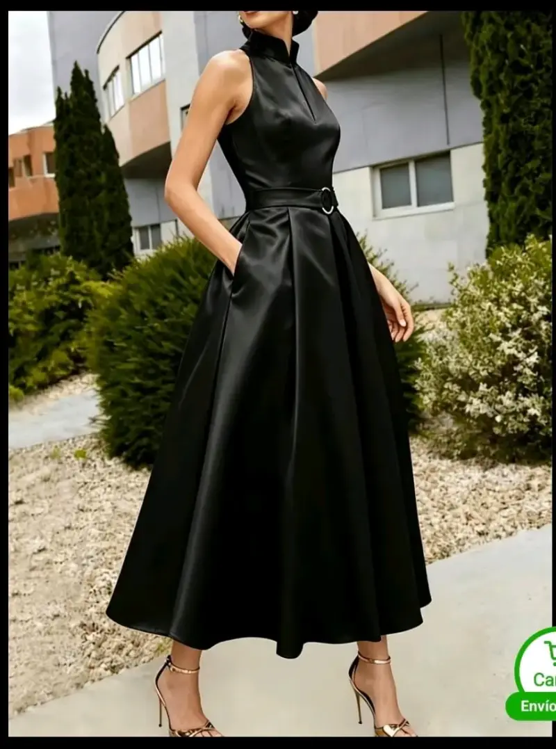 Vestido elegante negro sin mangas con lazo - 3