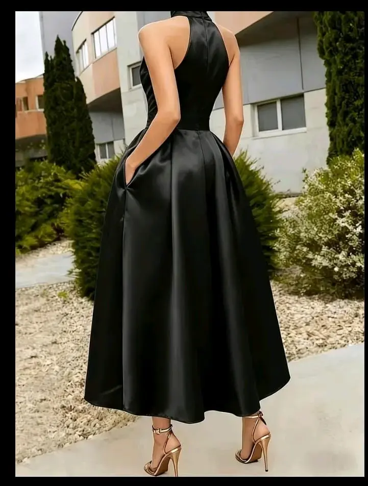Vestido elegante negro sin mangas con lazo - 4