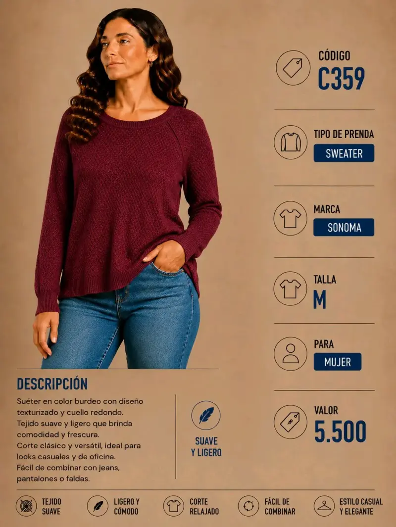 Suéter Burdeo Mujer Sonoma Talla M - 1