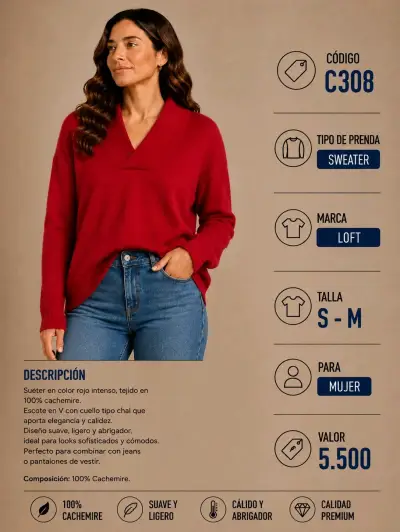 Suéter rojo de cachemira para mujer - miniatura 1