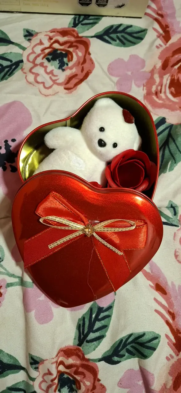 Caja de regalo corazón con oso de peluche y rosas - 1