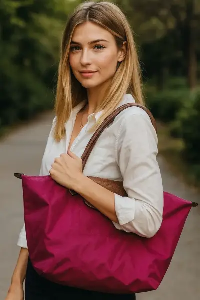 Bolso tote fucsia con asas de cuero - miniatura 5