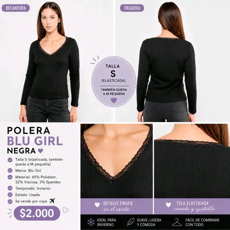 Polera Blu Girl Negra con Encaje - 1