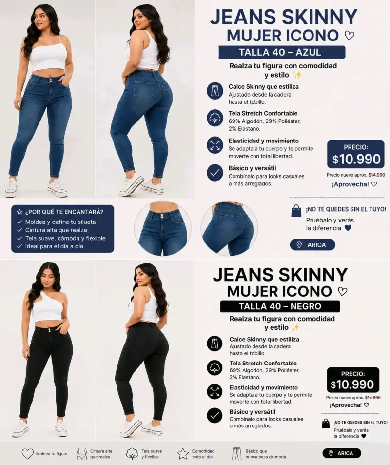 Jeans Skinny Mujer Talla 40 Azul y Negro - 1