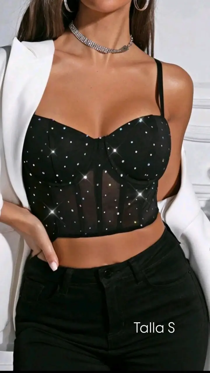 Corset de encaje rojo y negro con brillo - 4