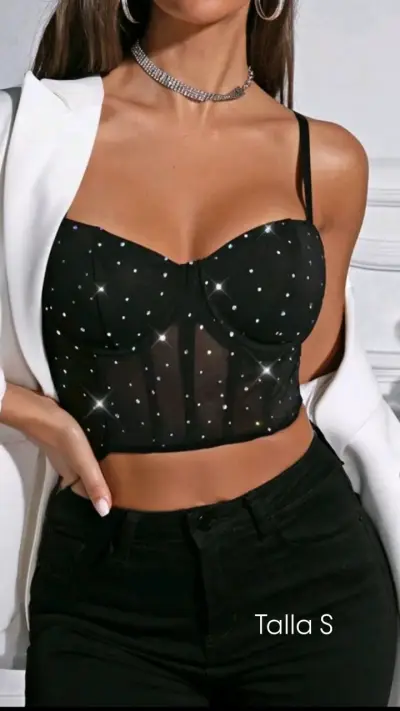 Corset de encaje rojo y negro con brillo - miniatura 4
