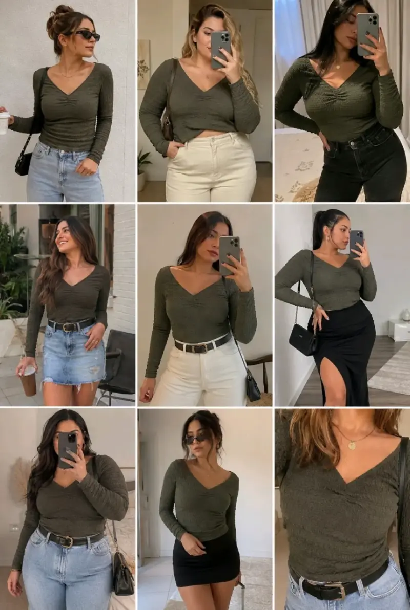 Polera verde oliva manga larga para mujer - 5