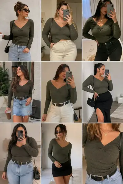 Polera verde oliva manga larga para mujer - miniatura 5