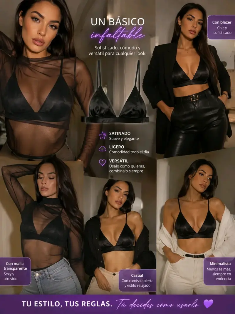 Bralette negro satinado elegante y versátil - 2