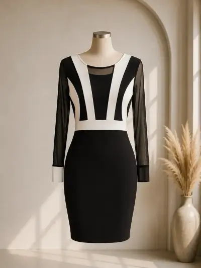 Vestido negro y blanco de manga larga gasa - miniatura 1