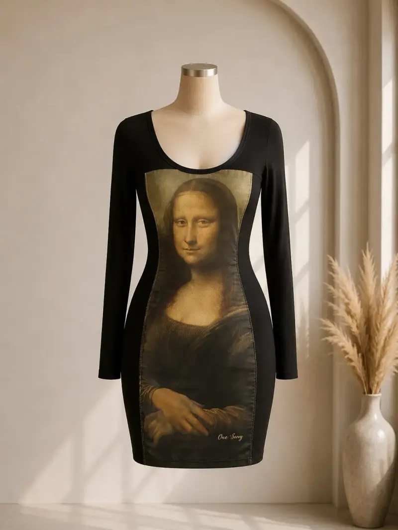 Vestido negro Ona Sáez con estampado de Mona Lisa - 1