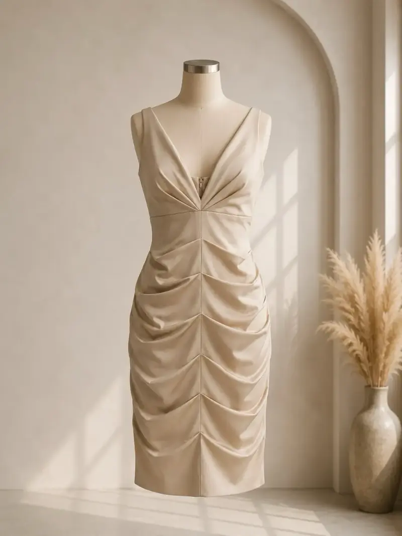 Vestido beige drapeado elegante talla 38 - 1