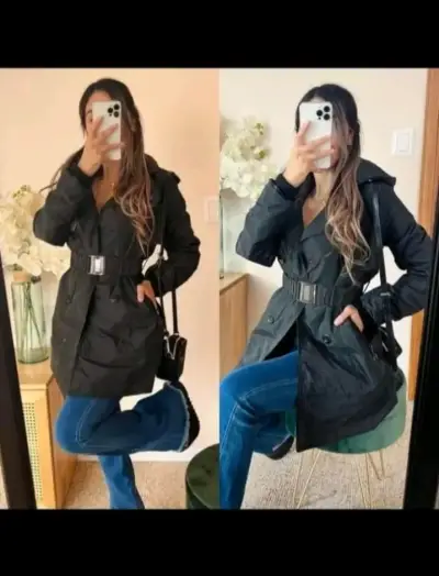 Abrigo negro con cinturón para mujer - miniatura 1