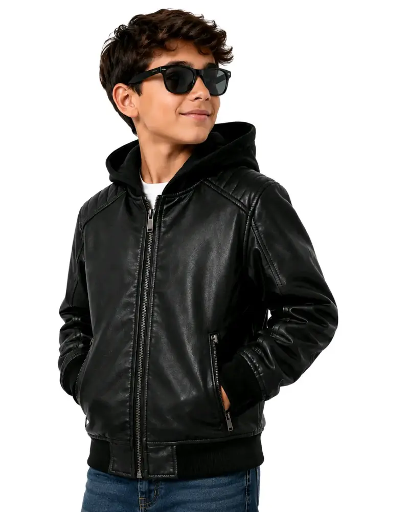 Chaqueta de cuero con capucha para niño talla 12 - 2