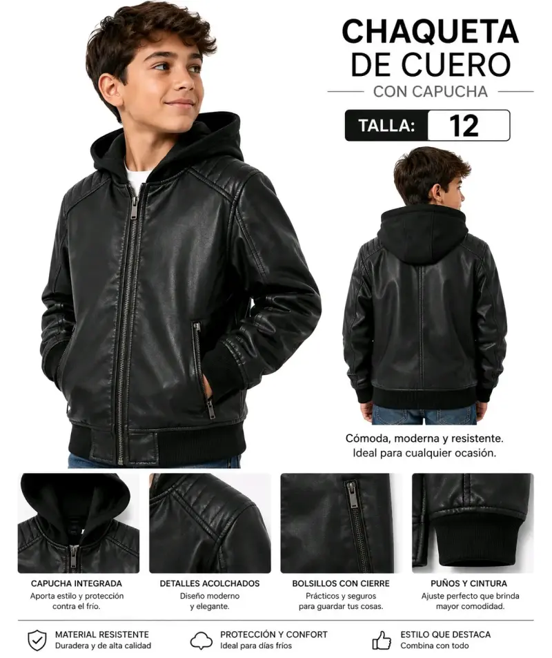 Chaqueta de cuero con capucha para niño talla 12 - 3