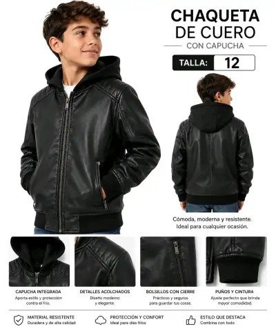 Chaqueta de cuero con capucha para niño talla 12 - miniatura 3