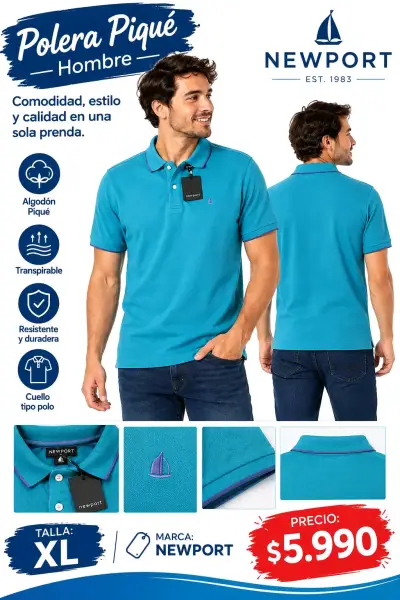 Polera Piqué Hombre Newport Azul Talla XL - miniatura 4