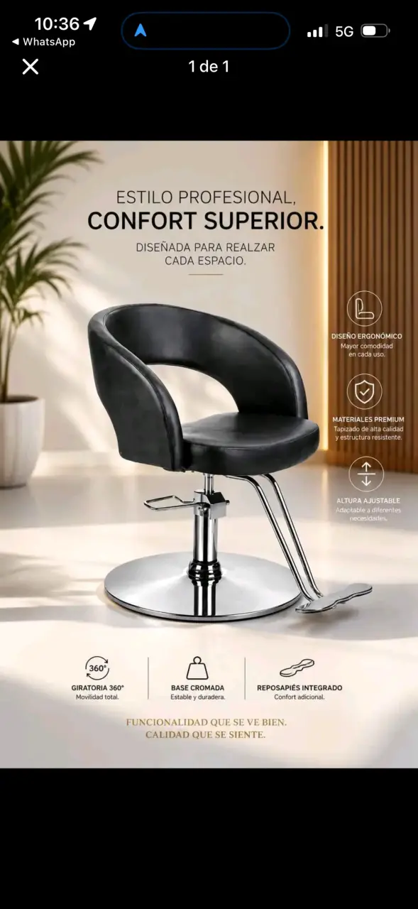 Silla de peluquería ergonómica con base cromada