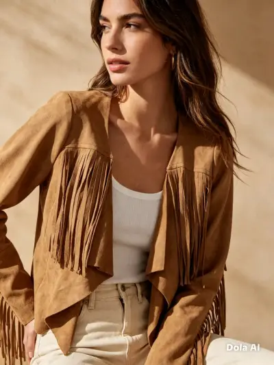 Chaqueta de Flecos Mujer Color Camel - miniatura 2