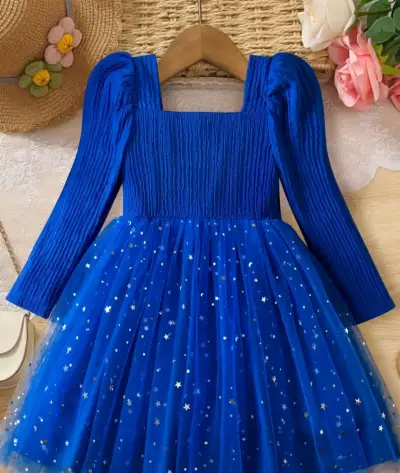 Vestido azul de fiesta para niña con estrellas - miniatura 1