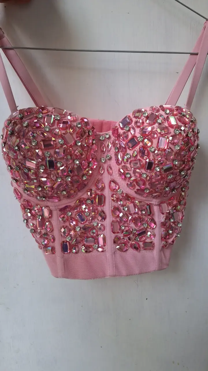 Top corset rosa con pedrería brillante - 6