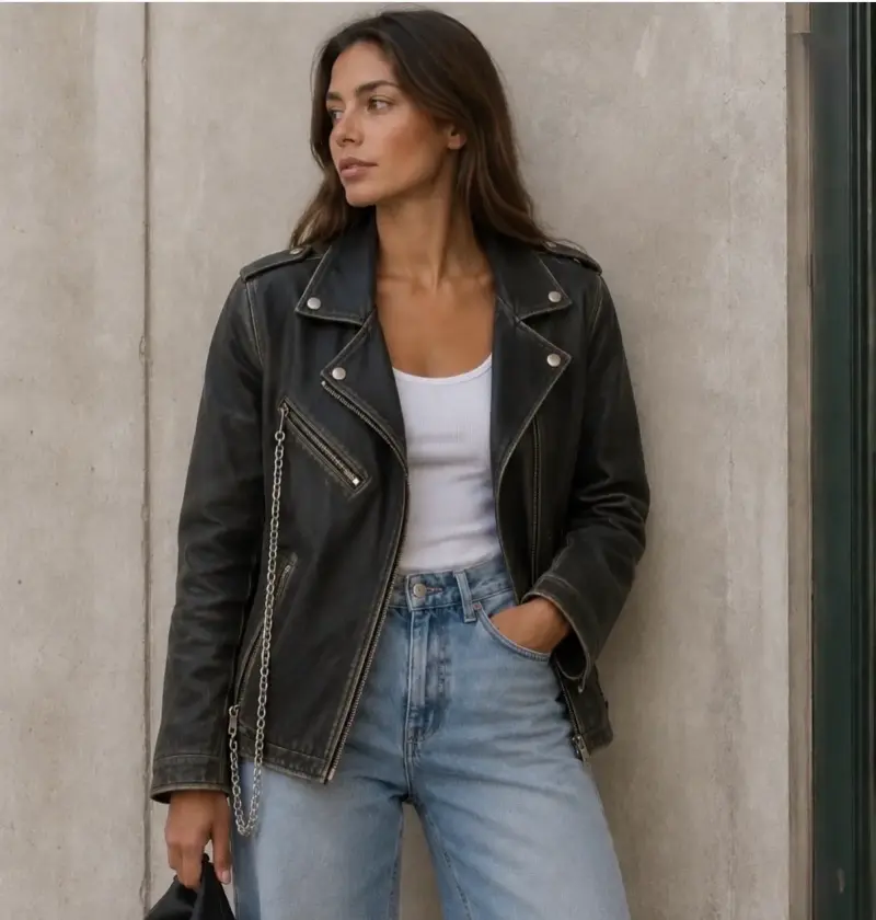 Chaqueta de cuero negra estilo biker para mujer - 2