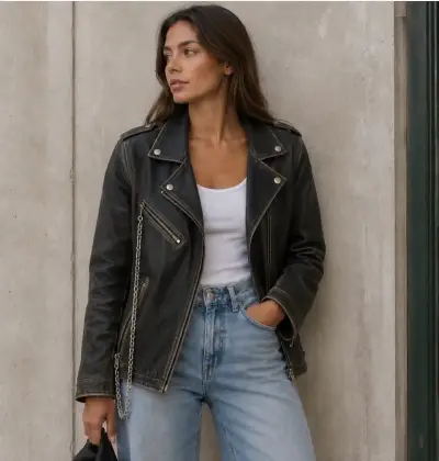 Chaqueta de cuero negra estilo biker para mujer - miniatura 2
