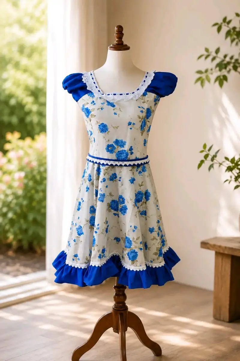Vestido vintage floral azul y blanco