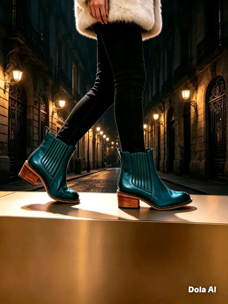 Botines de cuero verde con tacón de madera